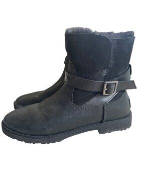UGG Romley Buckle Boots Leather Shearling Ankle Women's 8 Black Comfort Winter